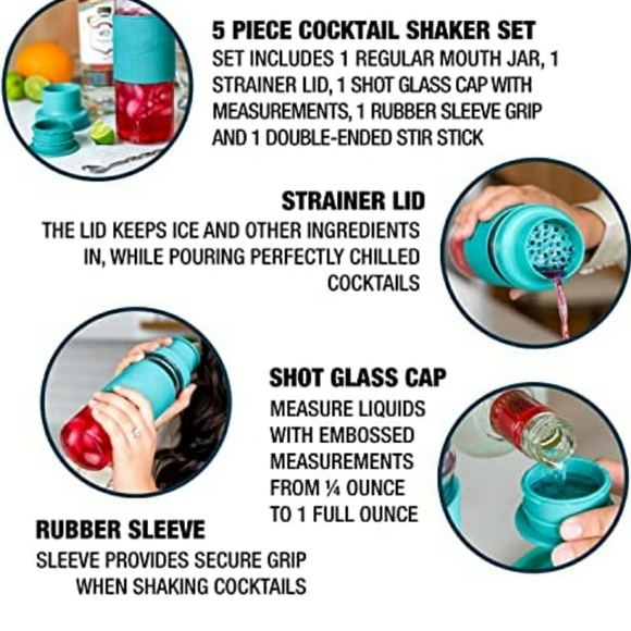 Masontops Cocktail Shaker Set – Glass Mason Jar Shaker–4PCw/ Metal swizzle stick - Picture 4 of 16